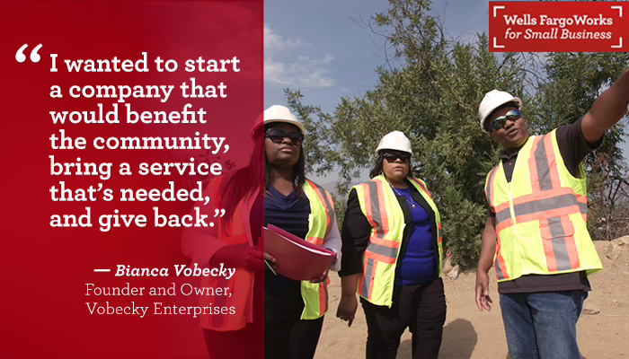 Vobecky team at construction site. Quote from Bianca Vobecky in forefront "I wanted to start a company that would benefit the community..."