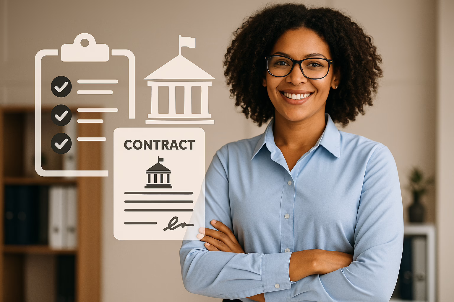 a woman in a business casual shirt - presumably a business owner - smiling, with arms crossed. In foreground, an illustration of a contract.