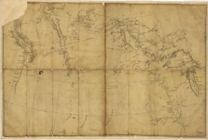 Lewis and Clark map, with annotations in brown ink by Meriwether Lewis, tracing showing the Mississippi, the Missouri for a short distance above Kansas, Lakes Michigan, Superior, and Winnipeg, and the country onwards to the Pacific. Image courtesy of Library of Congress.