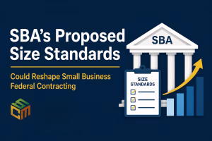 An government building (representing the SBA), a size standards checklist, and a rising growth chart. Text reads, “SBA’s Proposed Size Standards Could Reshape Small Business Federal Contracting,” with Supply Chain Management branding.